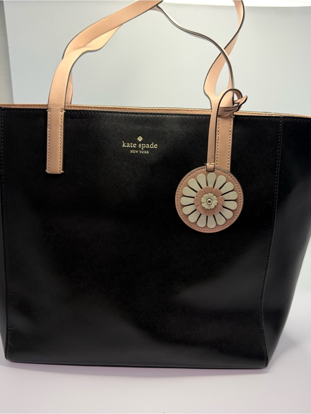 kate spade Black Tote with Blush Trim and Flower Charm